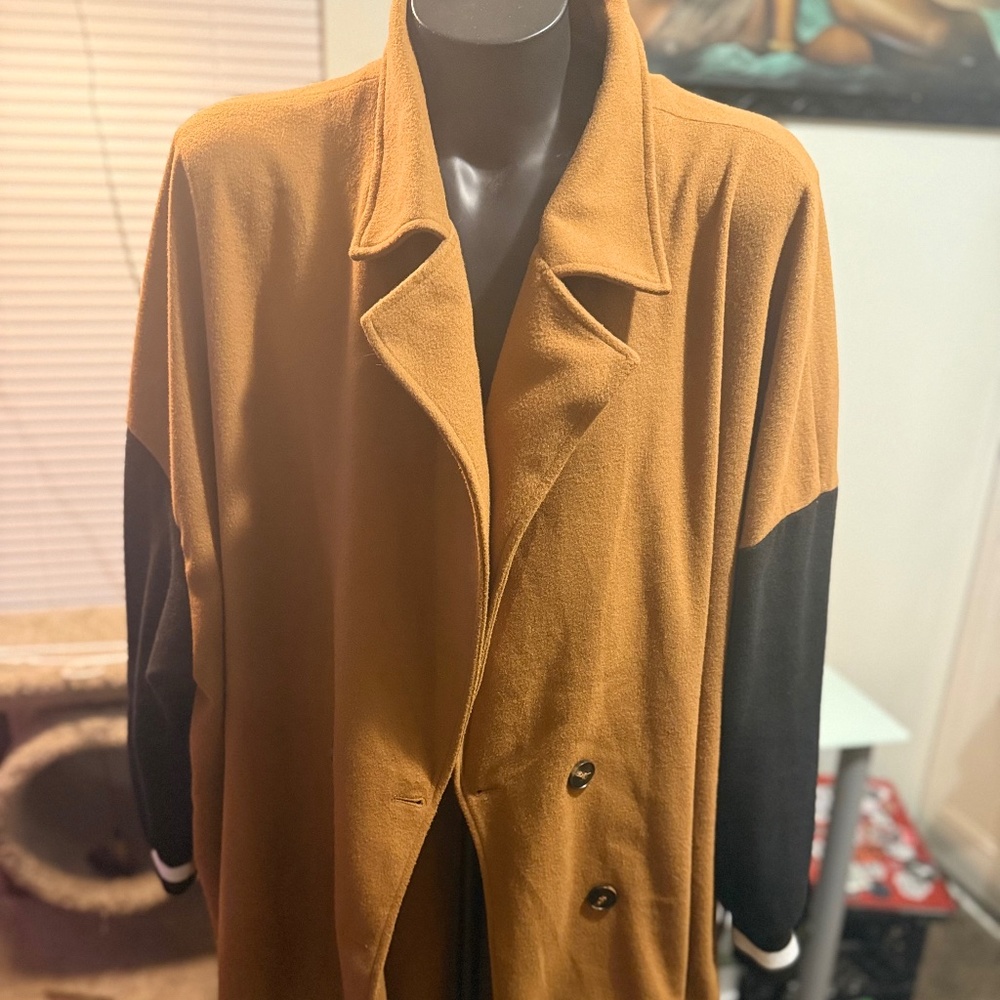 Camel & Black Colorblock Long Coat | Oversized Draped Collar